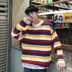 Корейский Younth для мужчин свитер 2018 Осень Зима Повседневное свободные сращены цвет полосатый свитер круглый средства ухода за кожей