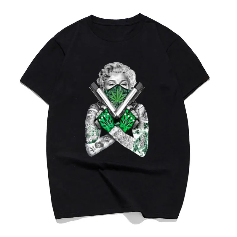 

Men's T-Shirt Sexy Camisetas Cool Marilyn Monroe Gangster Pose Guns Weed T Shirt Men Xxxl Tshirt Cotton 100 Top Tees Streetwear