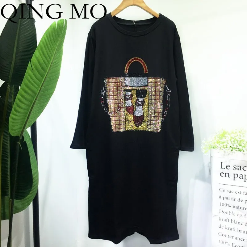 

QING MO Bag Pattern Drilling Dress Women Black Long Sleeve T Shirt Dress Knee Length Pullover T Shirt Loose Spring Dress ZLDM009