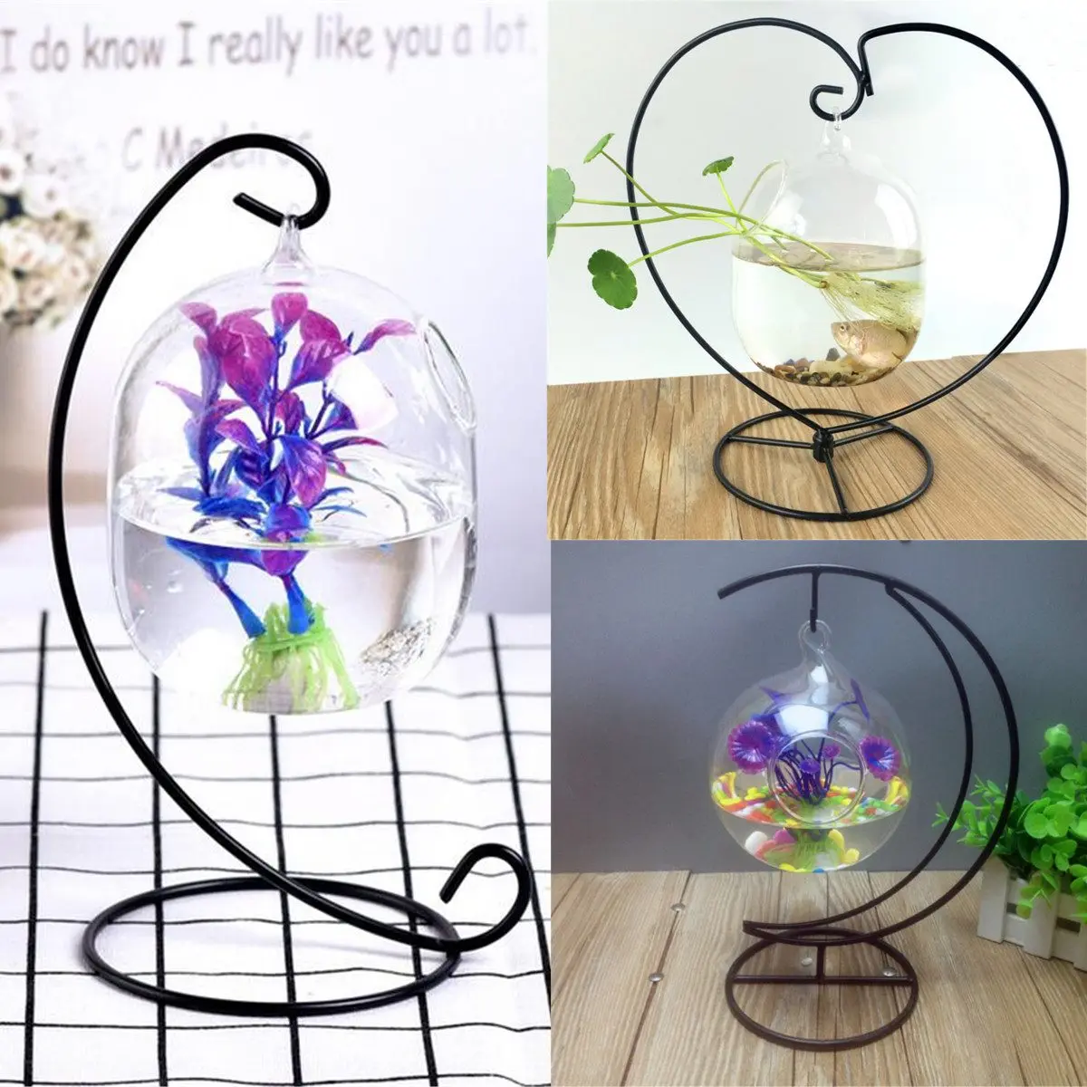 

4 Size Desktop Hanging Glass Fish Tank Mini Grass Fun Fish Tank Clear Fish Cylinder Bowl Iron Stand Holder Aquarium Accessories