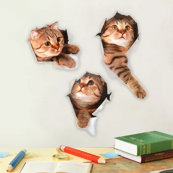 

HOOMIN Animal Vinyl Decals 3D Cats Wall Sticker Vivid Hole View Toilet Stickers Home Decoration