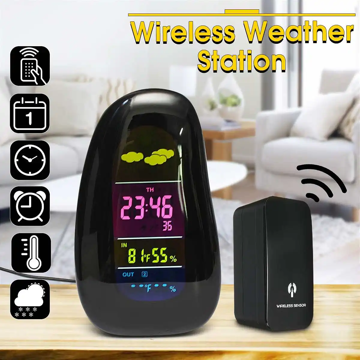 

Black Smart LCD Digital Wireless Weather Station Temperature Temp Humidity Clock Cobblestone Remote Sensor Weather Forecast