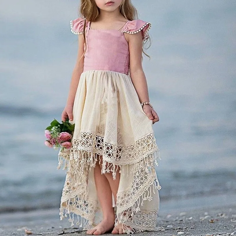 

Lovely Toddler Baby Girl Newest Style Asymmetrical Short Sleeve Tassel Dress Party Princess Sundress Outfit 1-6T