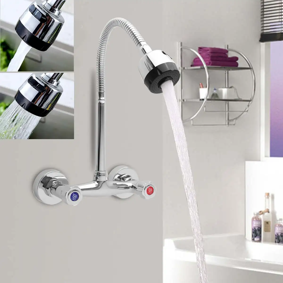 

Xueqin 360Rotation Chrome Modern Dual Handle Mixer Tap Cold And Hot Water Wall Mounted Pull Down Kitchen Sink Spray Faucet