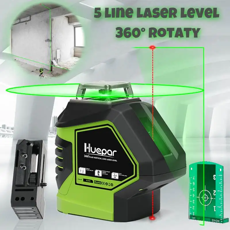 

5 Lines Green Cross Line Laser Level 635nm 360 Degree Rotation Auto Leveling Horizontal Vertical Laser Beam US Plug