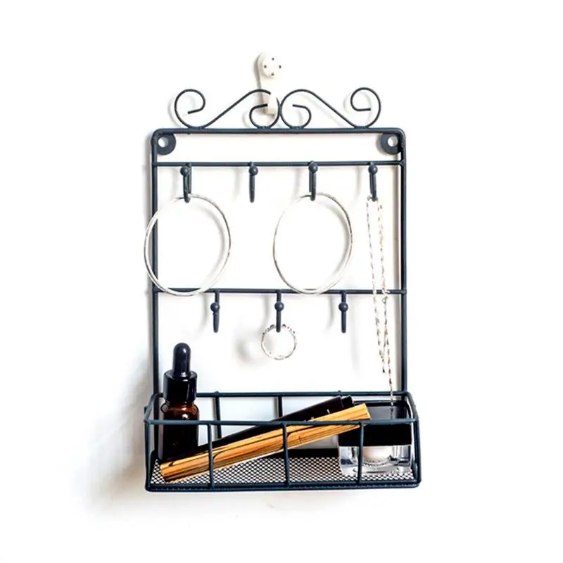 

Wrought Iron Jewelry Storage Rack Hook Design Wall Hanging Basket Keys Creative Shelf Home Storage Box