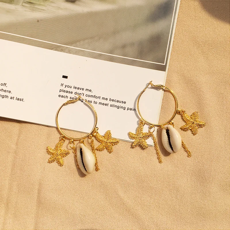 

Fashion Women Bohemian Starfish Conch Cowary Shell Big Circle Hoop Earrings High Quality Man-made Ivory Shell Dangle Earrings
