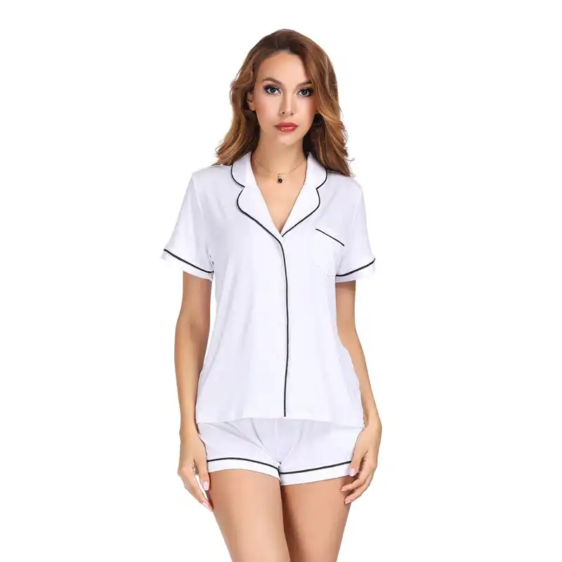 طقم بدلة منزلية لون أبيض كم قصير مع شورت طقم بيجامات قطعتين صيفي غير رسمي ستايل 2019 بيجاما موجر فيرانو Aliexpress