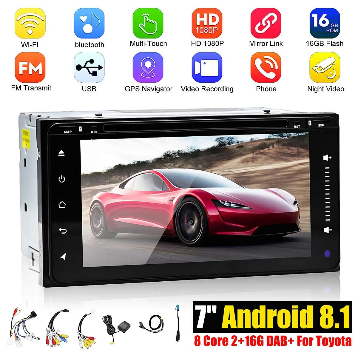 

7" 2 Dins Car Multimedia Player DVD Back Up Reverse Image Assist GPS Radio Video Navigation T8 Android 8.1.1 2G+16G For Toyota