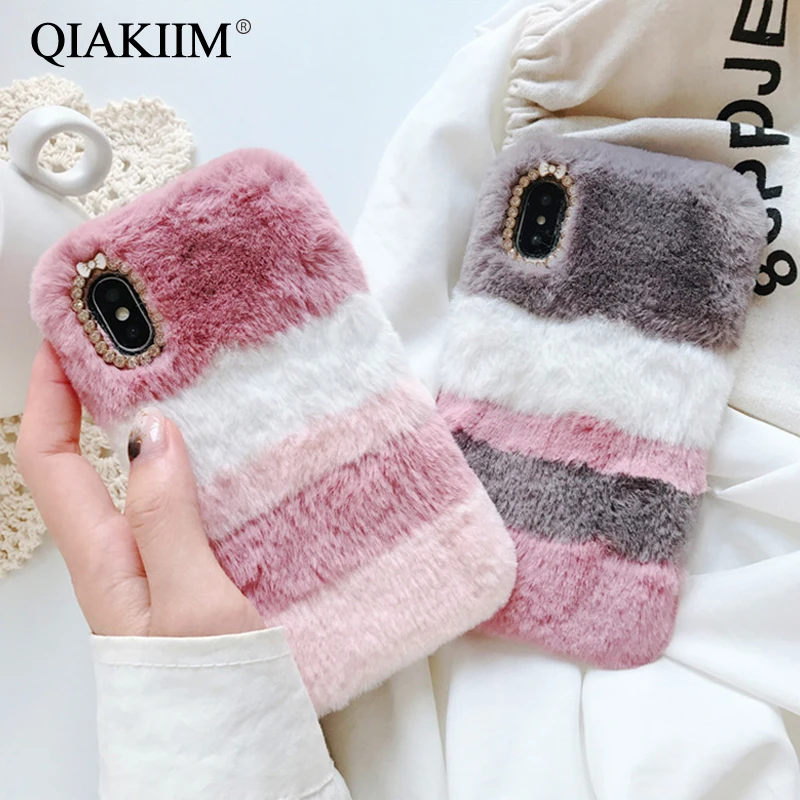 Colorful Rabbit Fluffy Fur Phone Cases For iPhone XS Max XR X 10 8 7 6