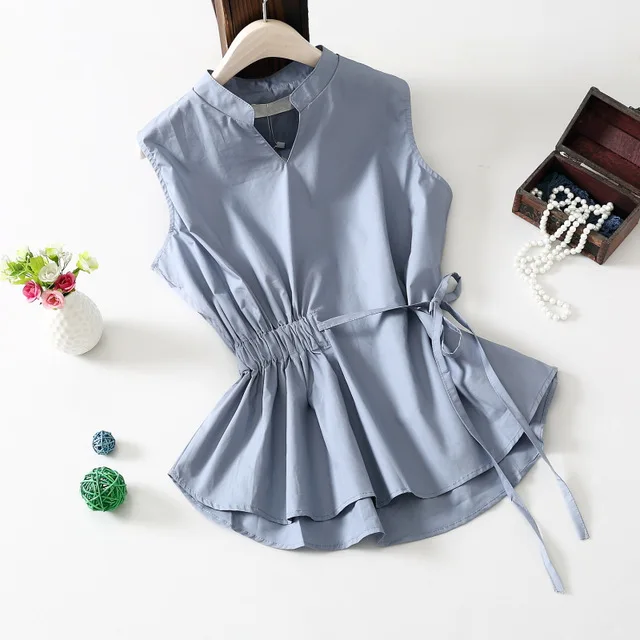 

Korean Style V Neck Sleeveless Slim Blouse Drawstring Waist White Shirt Ol Elegant Summer Top