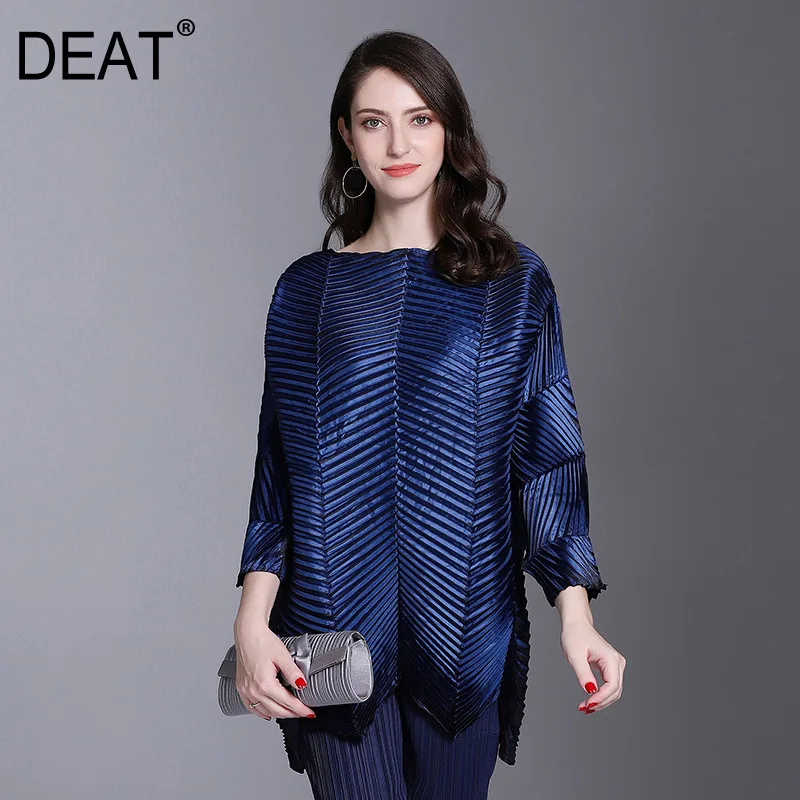 DEAT Новая модная свободная плиссированная женская футболка большого размера с рукавом три четверти и асимметричным подолом женская футболка синего цвета YE765