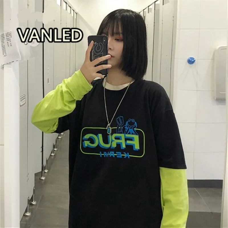 

New Women T-shirt Harajuku Casual Letter Print Patchwork Long Sleeve Women 2019 Spring O Neck Tees