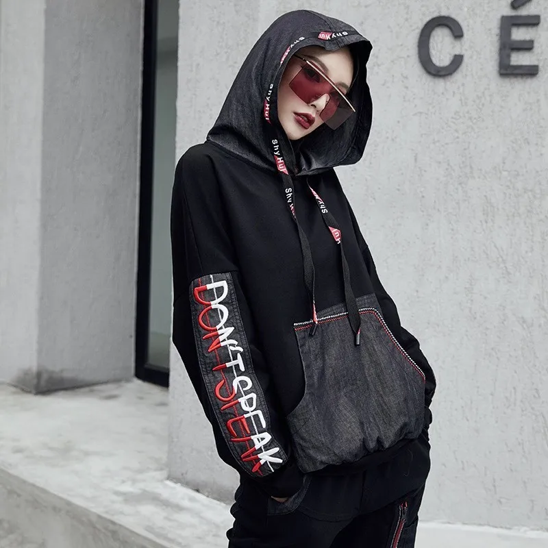  Max LuLu 2019 Korean Punk Tracksuit Ladies Hooded Streetwear Womens Denim Hoodies Embroidery Moleto