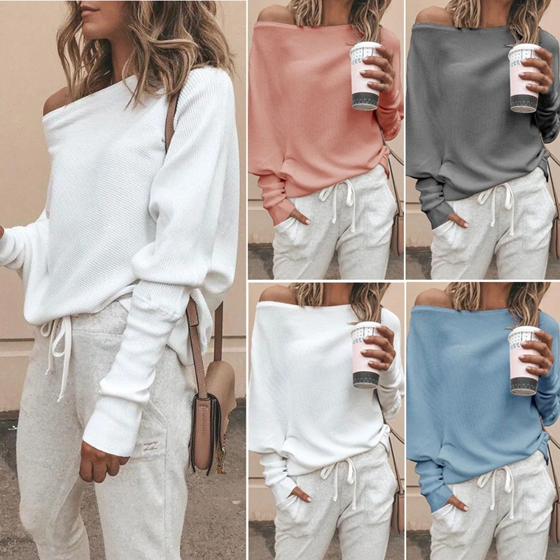

Womens Off Shoulder Long Batwing Sleeve Tops Blouse Ladies Loose Solid Pullover Plaid