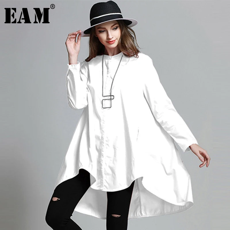 

[EAM]2019 Spring Woman Stylish Solid Color Long Sleeve O-neck Single Breasted Irregular Loose Shirt All Match LE706