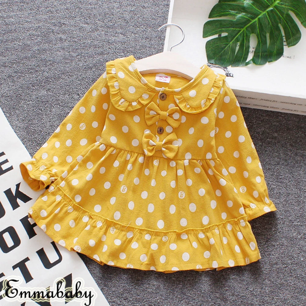 

Emmababy Fashion Cute New Kids Baby Girls Dress Dot Yellow Purple Floral Party Dress Long Sleeve Solid Dress Clothes