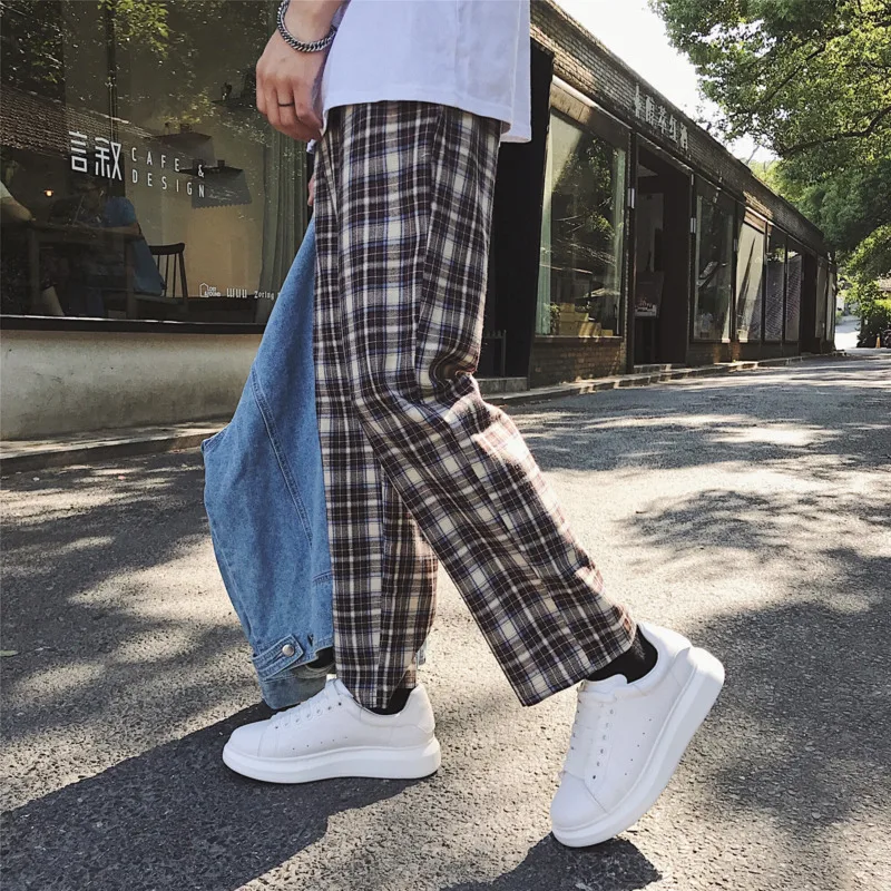 

Men's Casual Pants 2019 Spring Summer New Plaid Pants Loose Straight Pants Nine Pants Personality Fashion Teen Men's Urban Style