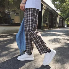Men's Casual Pants 2019 Spring Summer New Plaid Pants Loose Straight Pants Nine Pants Personality Fashion Teen Men's Urban Style