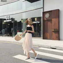 Весна лето женские винтажные юбки Эластичная Высокая талия шифон юбка элегантная Асимметричная юбка женская Jupe Longue Xnxee