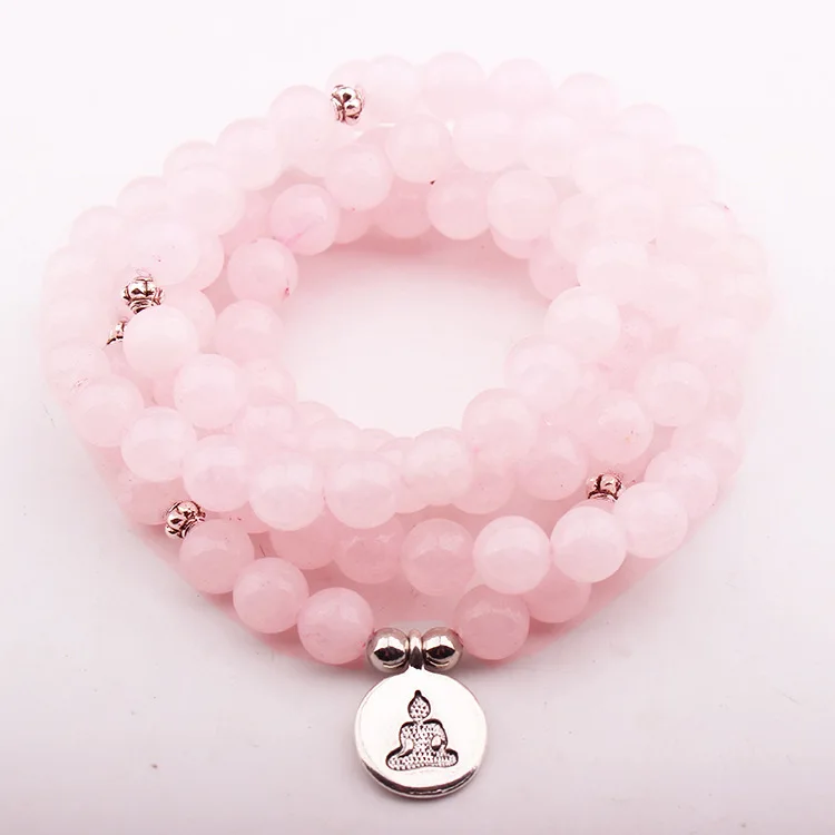 

108 Beads Mala Necklace & Bracelets For Women Pink Quartz Yoga Bracelet Mala Lotus Buddha Charm Bracelet