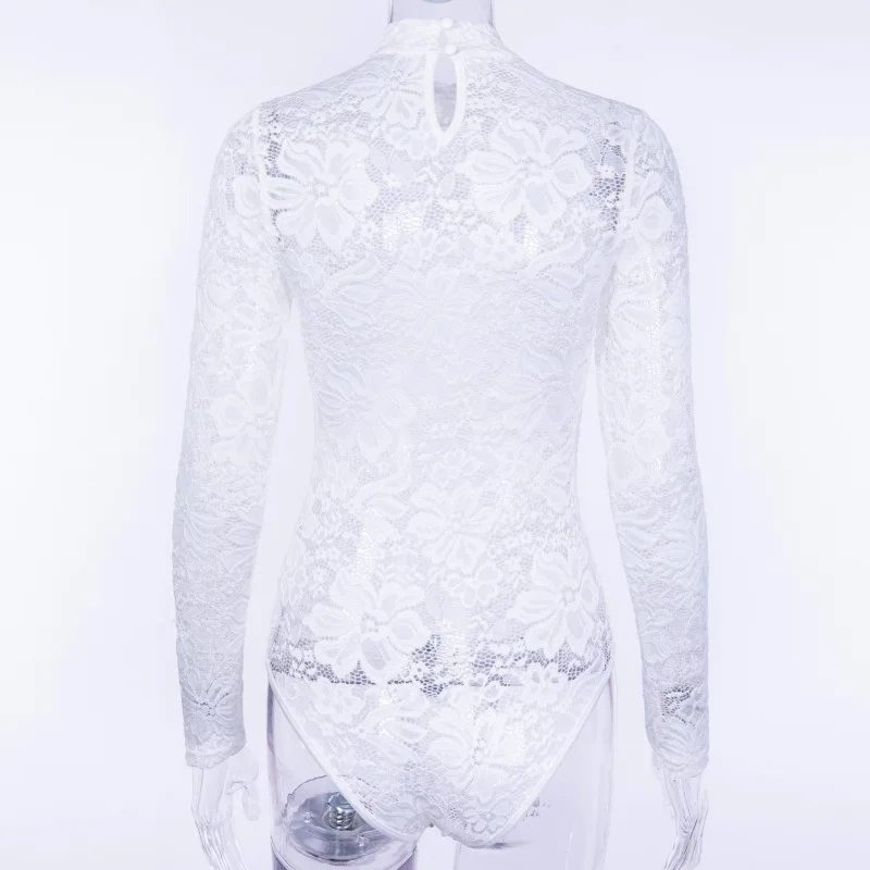 Sexy Overalls Autumn long sleeve Jumpsuit Embroidery Hollow Out Lace Bodysuit women White Romper