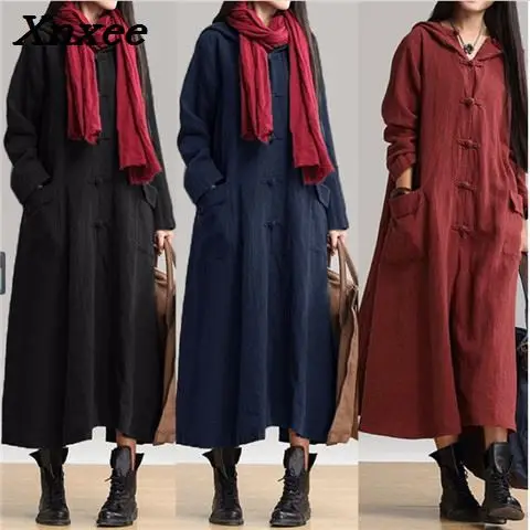 

Autumn winter women long dress vintage casual loose maxi cardigan dress with hooded long sleeve cotton linen dresses plus size