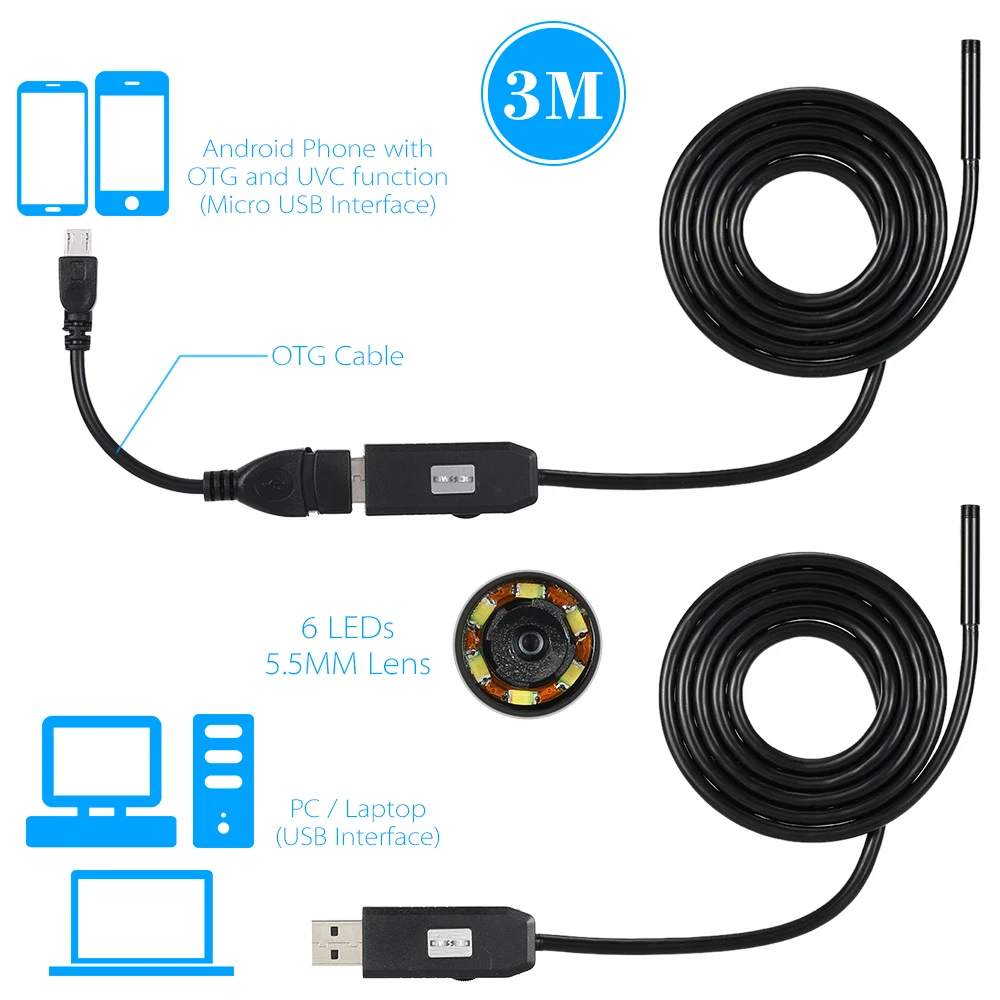 OWSOO 6 светодиодов бороскоп 5,5 мм USB эндоскоп 3M кабель зонд водонепроницаемый осмотр Бороскоп USB змея трубка камера OTG совместимый