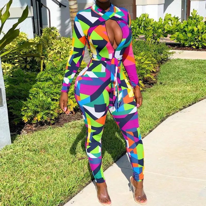 

Casual Jumpsuit Women Long Sleeve Color Print Fashion Zipper Streetwear Fitness Overalls Spring Lace Up Skinny Sexy Jumpsuits