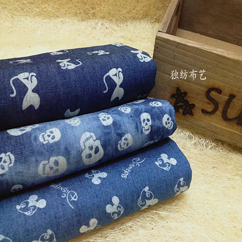 

2019 Silk Fabric Fabric Tecidos Tissus Au Metre Patchwork Free Shipping Baby Wash Light Denim/cartoon S/skull/printed Denim