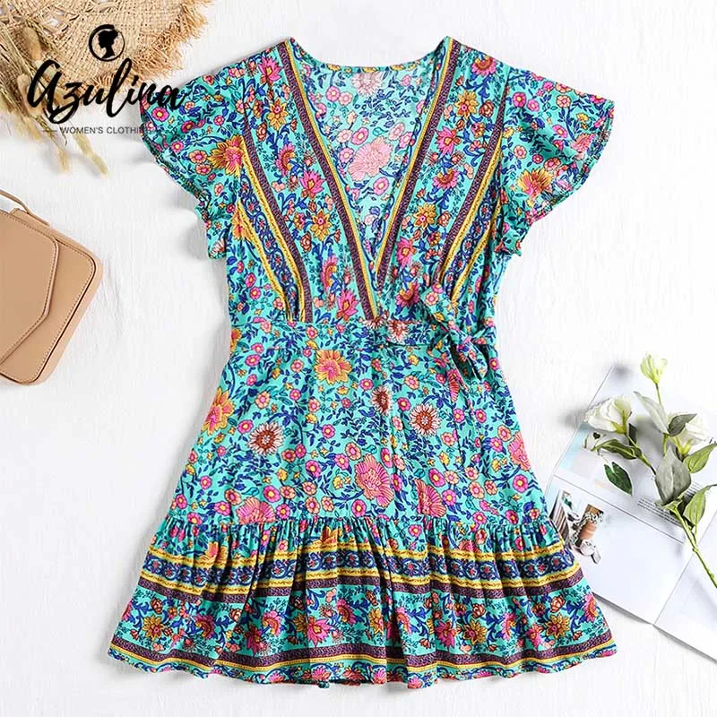 

ZAFUL Summer Women Dress Casual V Neck Short Sleeve Floral Print A-Line Dress Belted Pleated Robe Femme Ladies Dresses Vestido