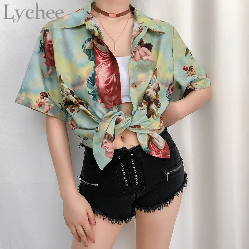 Lychee винтаж угол печати женские блузки с отложным воротником свободные лето весна короткий рукав женская блузка рубашка