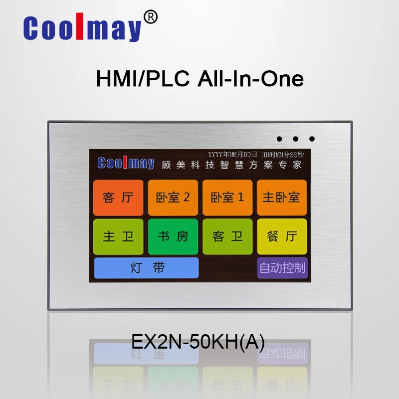 

Coolmay EX3G-50KH-24MR-4AD2DA-485P modbus lcd panel hmi plc integrated 5 inch 12 relay outputs rs485