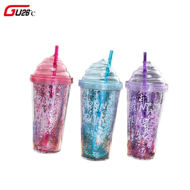 

New Pattern Summer Day Ice Cream Paillette Straw Plastic Cup Big Capacity Lovely Cup Double-deck Girl Adorable Star Glass