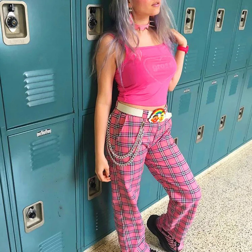 

2019 Checkerboard Plaid Peg Pants Pink Yellow Mid Waist Trousers Button Fly Loose Cropped Womens Casual Pockets Pants Streetwear