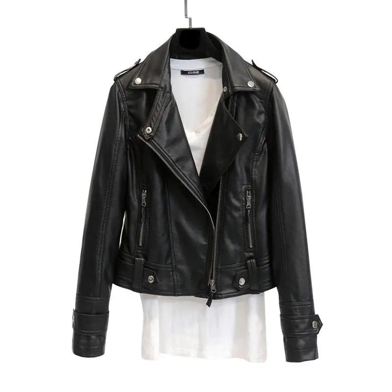 

2019 Spring And Autumn Sexy Long-sleeved Lapel Zipper Motorcycle Leather Jacket Female Slim Large Size Windproof Short Coat