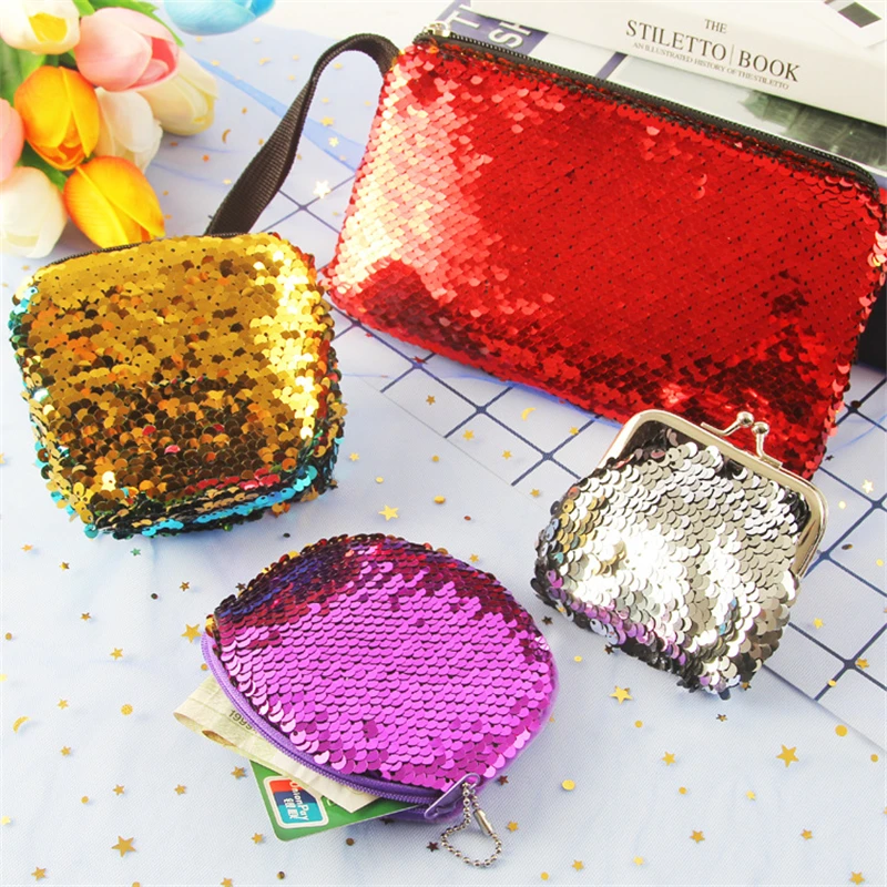 

1Pc Female Sequin Glitter Small Coin Wallet Keychain Key Ring Holder Zipper Women's Fruit Shiny Wallet Gifts for Women Girls