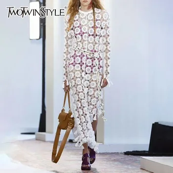 

TWOTWINSTYLE Ankle Length Lace Dresses Female Long Sleeve Hollow Out Evening Party Dress For Women Spring Autumn 2020 Fashion