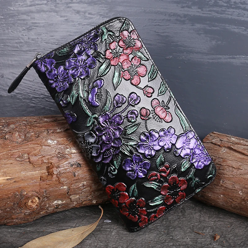 

Women Genuine Leather Long Wallet ID Card Holder Coin Embossed Plum Flower Vintage Style Natural Skin Purse Money Handy Bag New