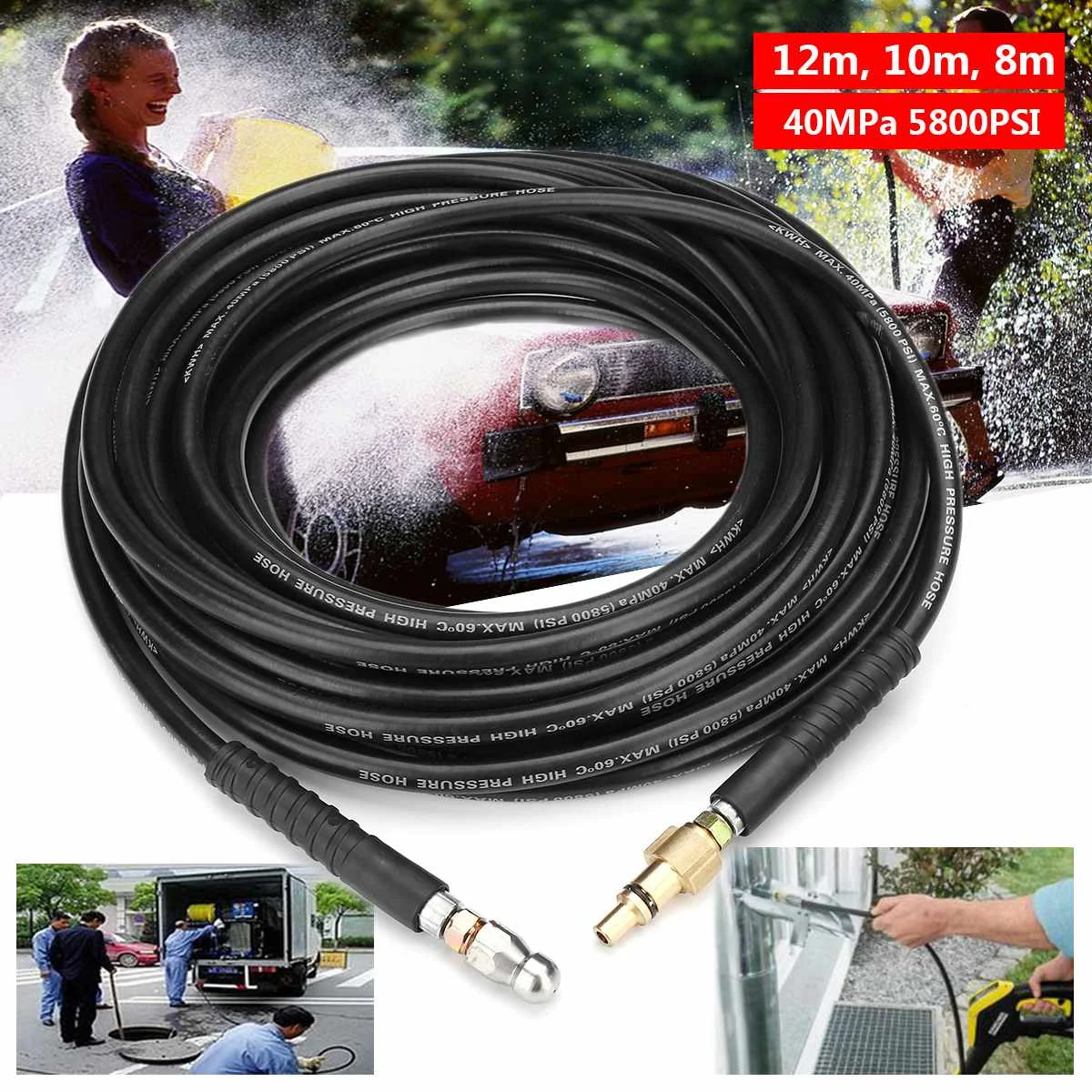 

High Pressure 8/10/12m 40MPa 5800PSI Washer Drain Cleaning Hose Set Pipe Cleaner for Cleaning Ppipes Drains Downspouts Toilets