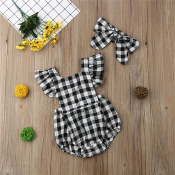 

Summer Baby Boys Girls clothes Plaid bow Headband backless Ruffle sleeveless square collar Geometry Bodysuit 2pc Toddler Outfits