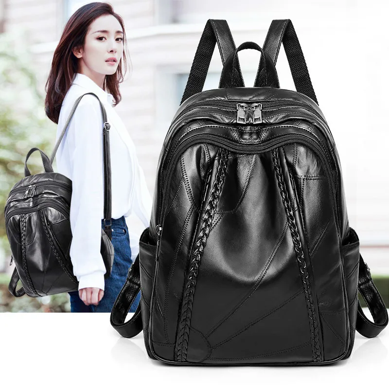 

Genuine Leather Sheepskin Backpacks Female Both Shoulders Backpack Rucksack Large Capacity Travel Preppy Style Women Bags