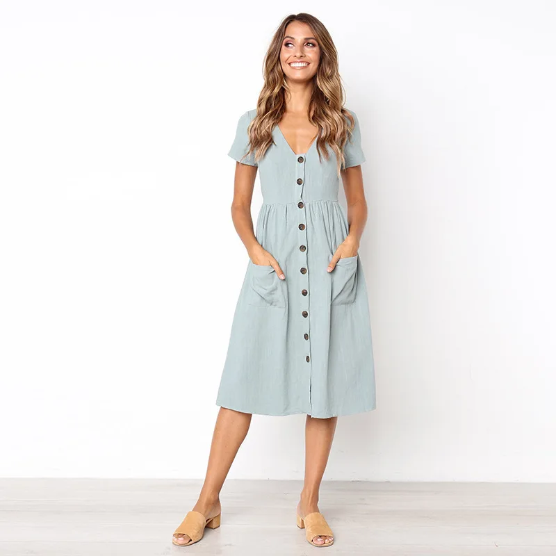 

2019 Summer Dress Women Tunic Solid Pocket Button Casual Dresses Short Sleeve V Neck Elegant Female Clothes Vestidos De Verano