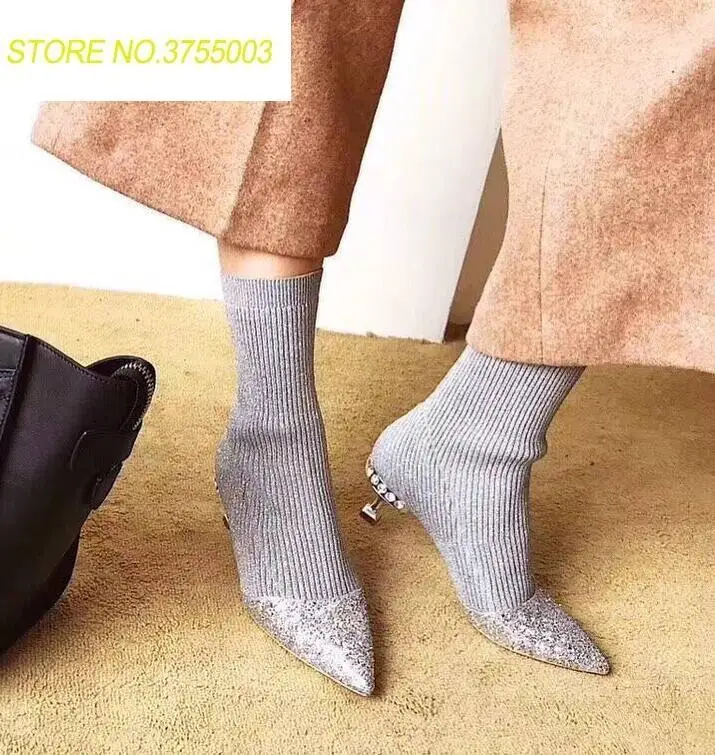 

2018 Hot Women High Heel Sock Boots Bling Glitter Point Toe Ladies Slip On Ankle Boots Crystal Med Heel Spring Fashion Boots