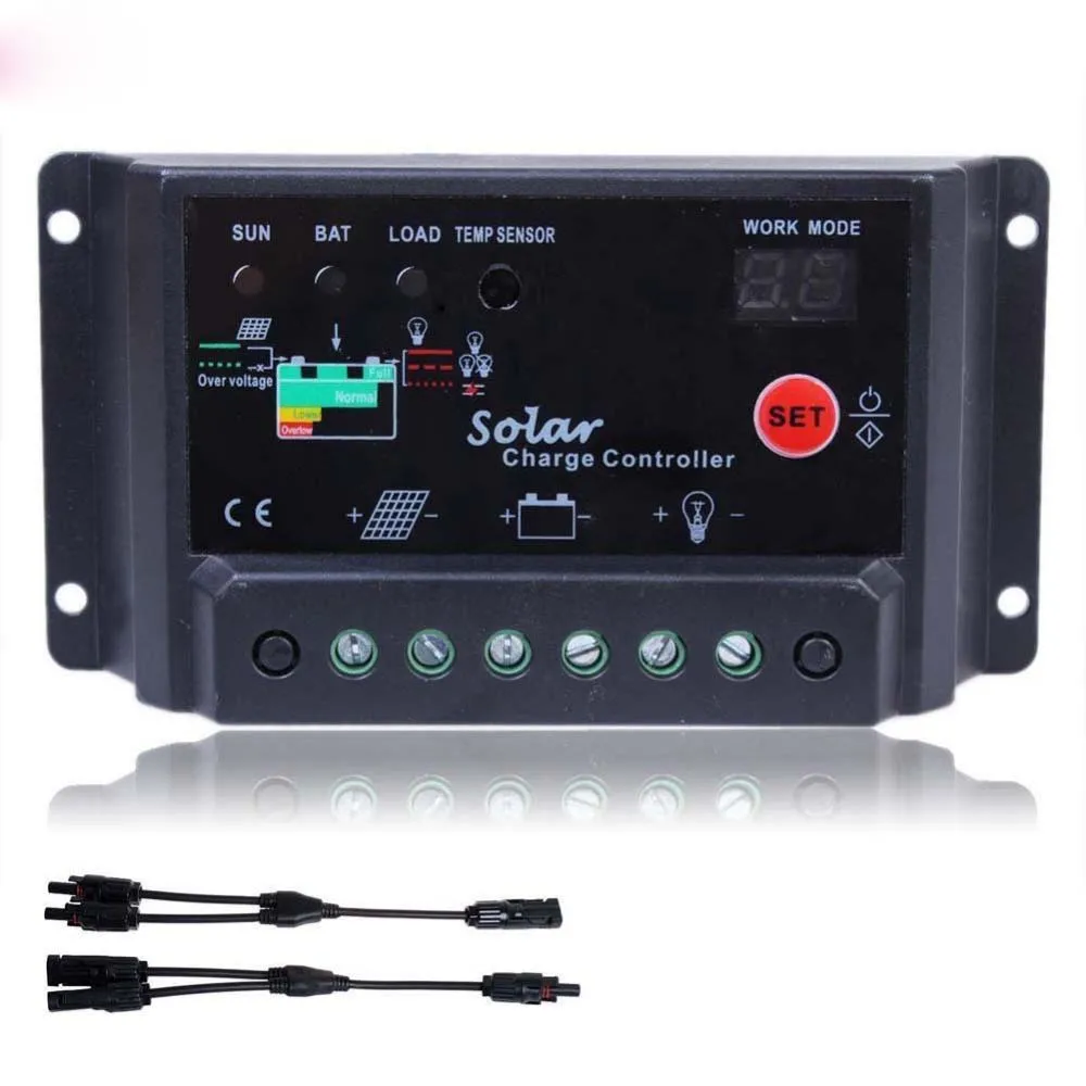 

PWM 10A Solar Charge Controller 12V 24V Solar Panel Charge Regulator Auto Switch + Y Type Solar Panel Cable Connectors MC4