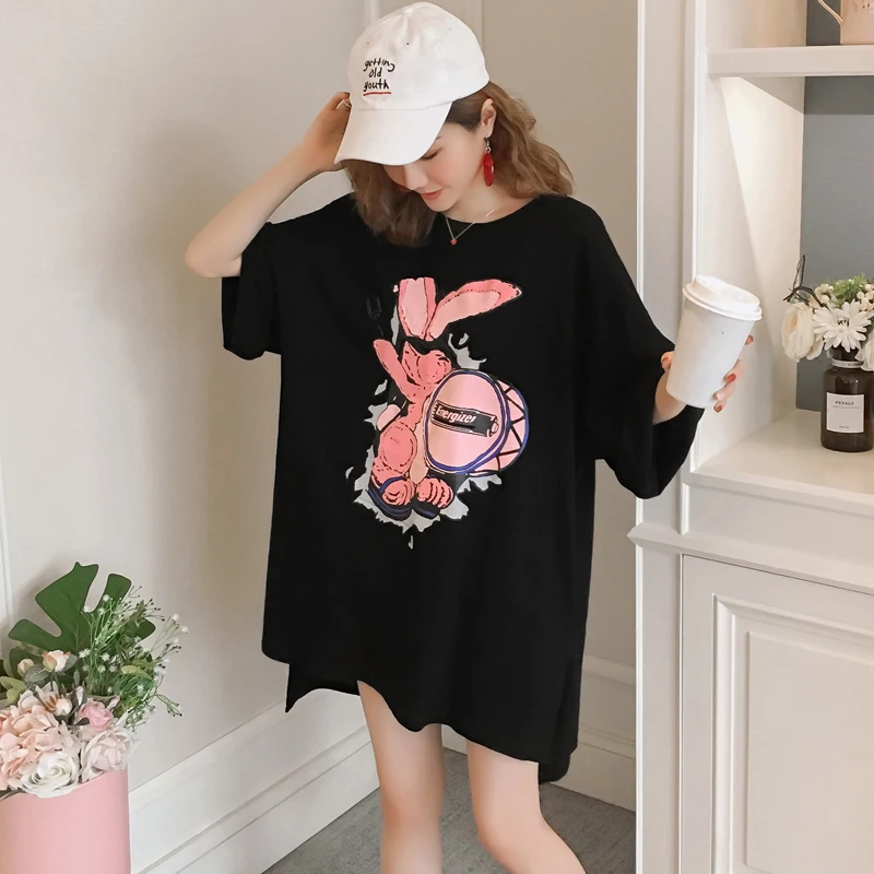 

#4943 Summer 2019 Short Sleeve T Shirt Women Cartoon Printing Harajuku Loose Long Plus Size T Shirts For Ladies Black/Red Cotton