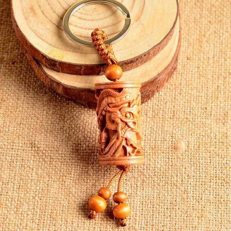

Wood Carving Chinese Feng Shui Geomancy Column Dragon Statue Key Chain Ring