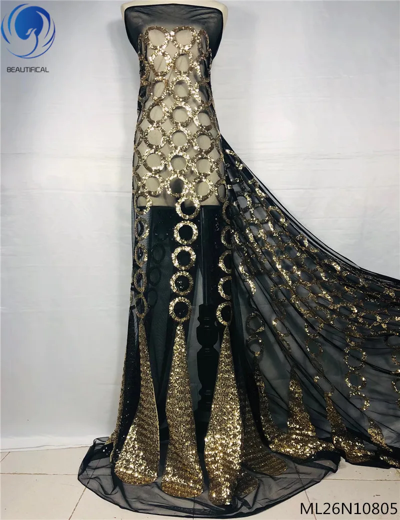 

Beautifical nigerian sequins lace fabrics african lace fabrics 2019 black shiny net laces dress for party 5yards/lot ML26N108