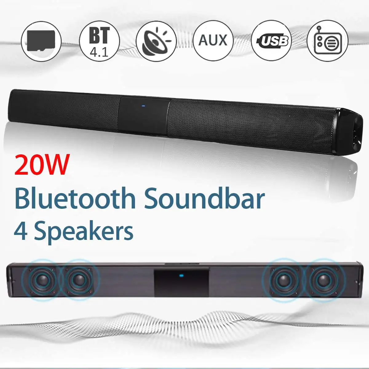 

Kinco 20W Wireless bluetooth Soundbar Stereo Hi-Fi Speaker Subwoofer FM TF AUX USB