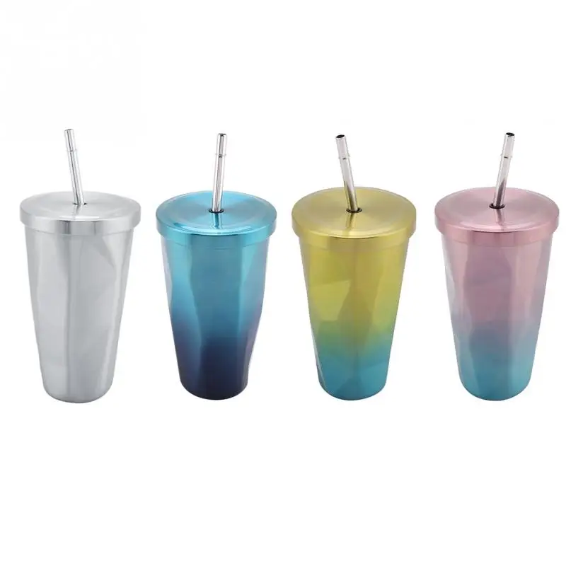 Creative Gradient Stainless Steel Diamond-shaped Vacuum Coffee Cup With Straw Reusable Coffee Cup Thermo Cups Creative Gradient Stainless Steel Diamond-shaped Vacuum Coffee Cup With Straw Reusable Coffee Cup Thermo Cups